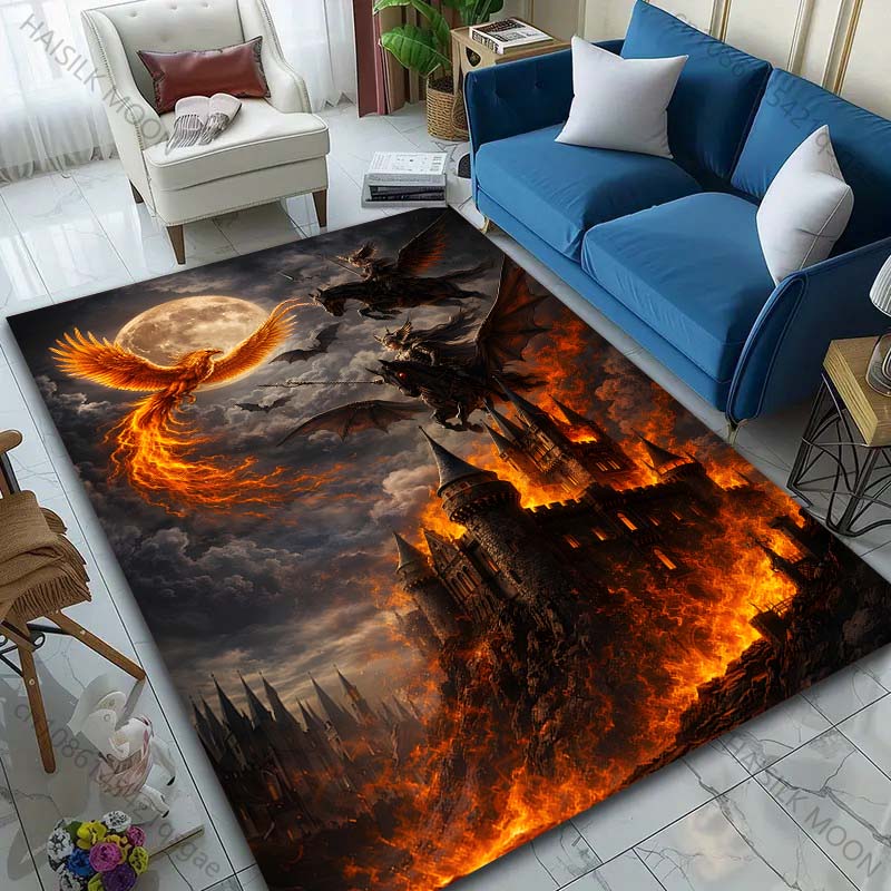 1PC Fiery Castle with Knights and Dragons Print Carpet Rug for Living Room Bedroom Sofa Doormat Home Decor Non-slip Floor Mat