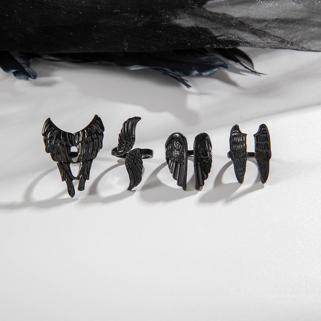 European and American dark angel wing rings punk style vintage feather articulated rings four-piece set for women