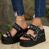 Women Peep Toe Black Wedge Sandals Lady Summer Casual Outwear Platform Sandals Chain Buckle Punk Lolita Shoes Sandale Femme