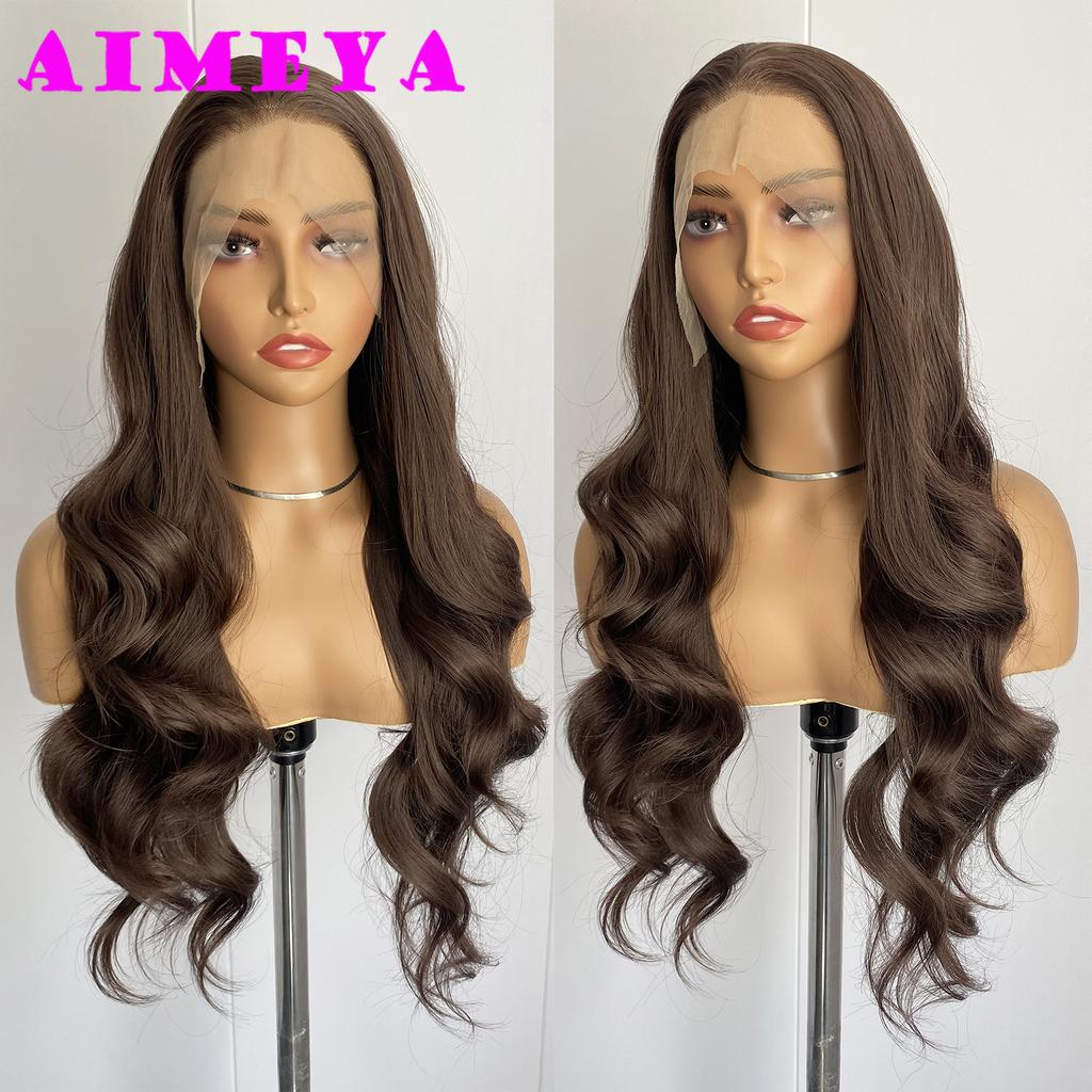AIMEYA Brown Lace Front Wig 13x4 Natural Hairline Long Natural Wave Synthetic Wig for Women Daily Cosplay Wig Glueless Frontal