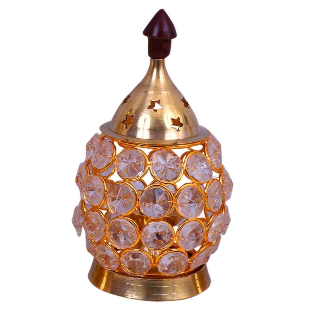 Akhand Diya Decorative Brass Crystal Oil Lamp Tea Light Holder Lantern Oval Shape | Puja Lamp