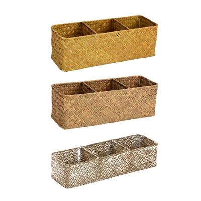 Desktop Storage Basket with 3 Compartment Handwoven Sea Grass Desk Makeup Organizer Three Grids Stationery Holder