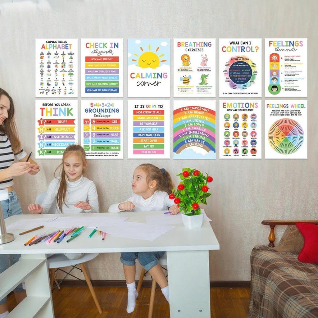 New Calming Corner Posters 12 Pieces Mental Health Posters Classroom Emotions Chart Wall Art For Daycare Library Program Space