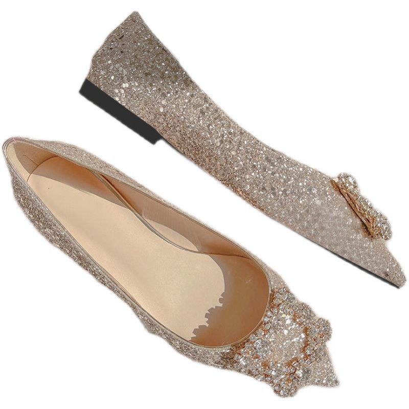 Pointed Flats Sequined Wedding Shoes Women's Maternity Shoes Rhinestone Pearl Bride Shoes Not Tired Feet Bridesmaid Shoes Large Size
