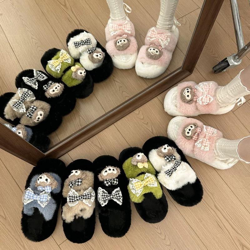 Cute cartoon doll fluffy slippers women wear thick-soled non-slip cotton slippers in autumn and winter women's one-word drag