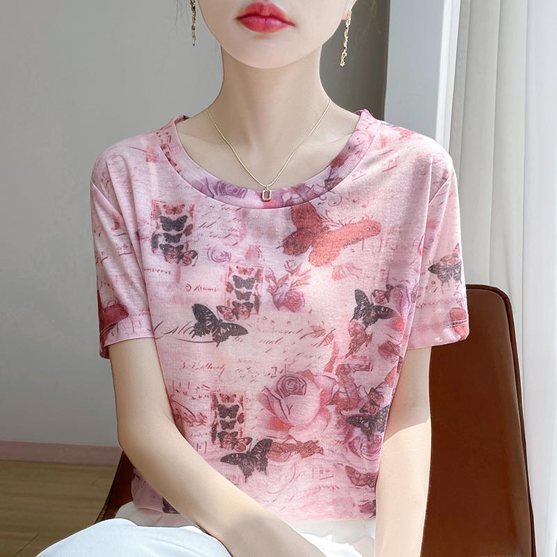 Spring and Summer Round Neck Knitted Short Sleeve T-shirt Women's Printed Loose Bottoming Top