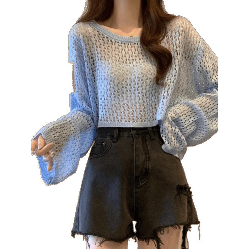Long Sleeve Hollow Out Short Top Women Summer Dopamine Thin Sun Protection Cover Up Waist Fitted T Shirt Knitwear