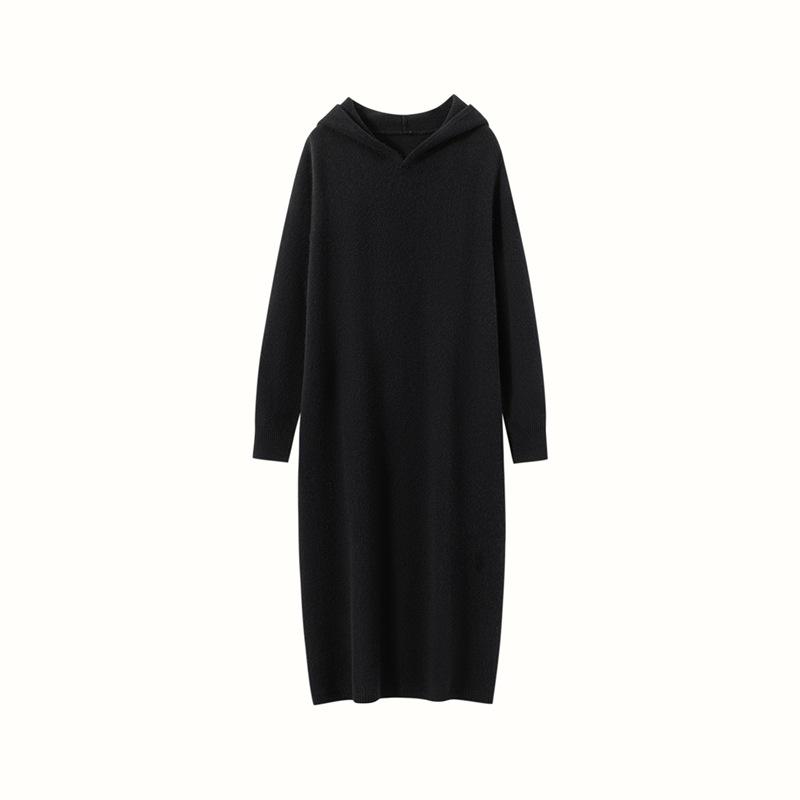 Autumn/Winter Hooded Wool Knit Sweater Dress - Solid, Loose, Soft, Warm, Mid-Length Cashmere.