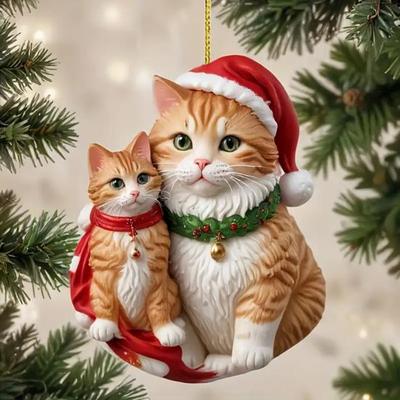 Colgante de Navidad Acrílico 2D Gato con Gorro de Navidad Amuleto Adorno Colgante para Coche Potenciador de Ambiente Festivo