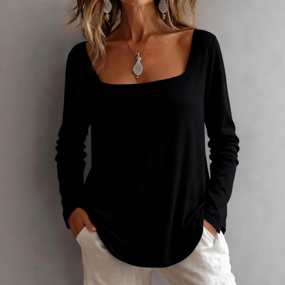 European American Style Casual Loose Square Neck Women's Long-Sleeved Top