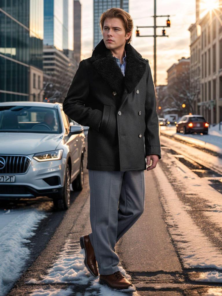 Men's Slim Fit Double-Breasted Wool Coat with Cashmere Fur Collar - European Sizes for Autumn/Winter