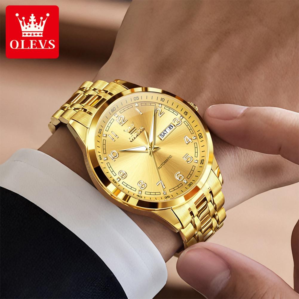 OLEVS New Automatic Watches for Man 7077 Digital Dial Steel Strap Dual Calendar Waterproof Mechanical Men's Business Wristwatch