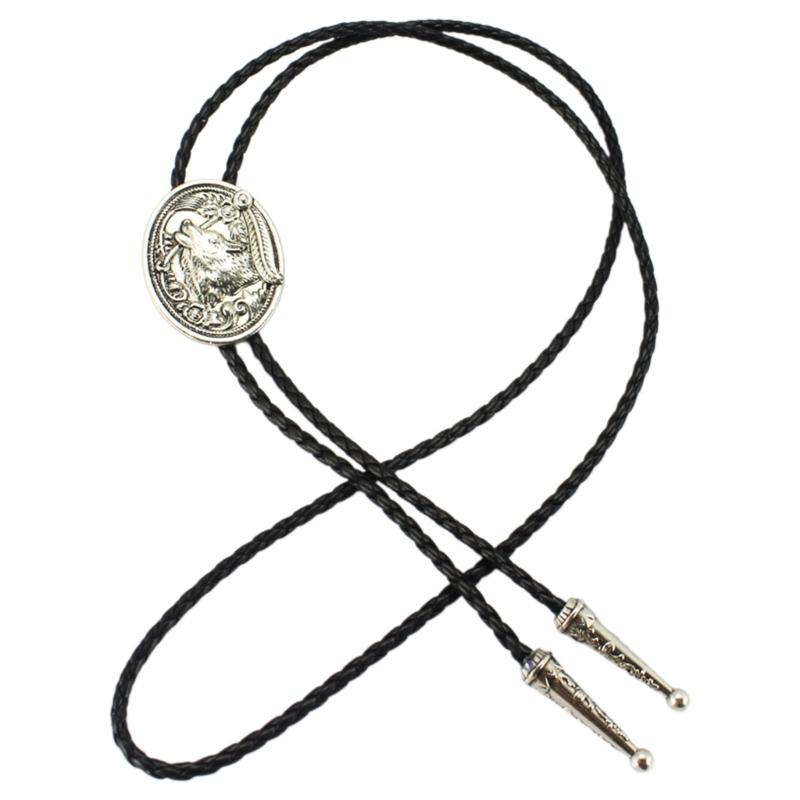 Western Cowboy Vintage Bolo Tie Handmade Braided Leather Rope Metal Wolf Head Bolo Tie Necklace with Feathered Pendant