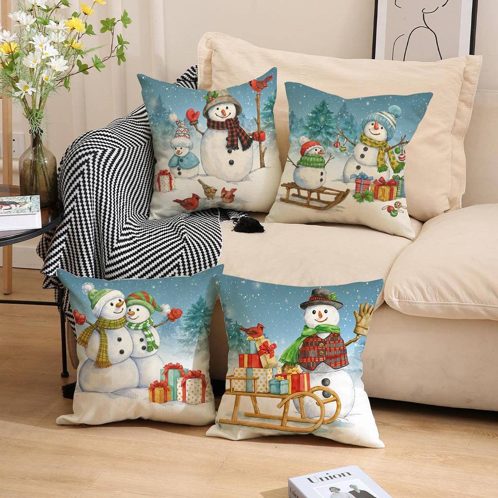 Christmas Snowman Pillow Covers 45Cm Cartoon Print Linen Cushion Case Winter Sofa Throw Pillowcase For Home Holiday Decoration