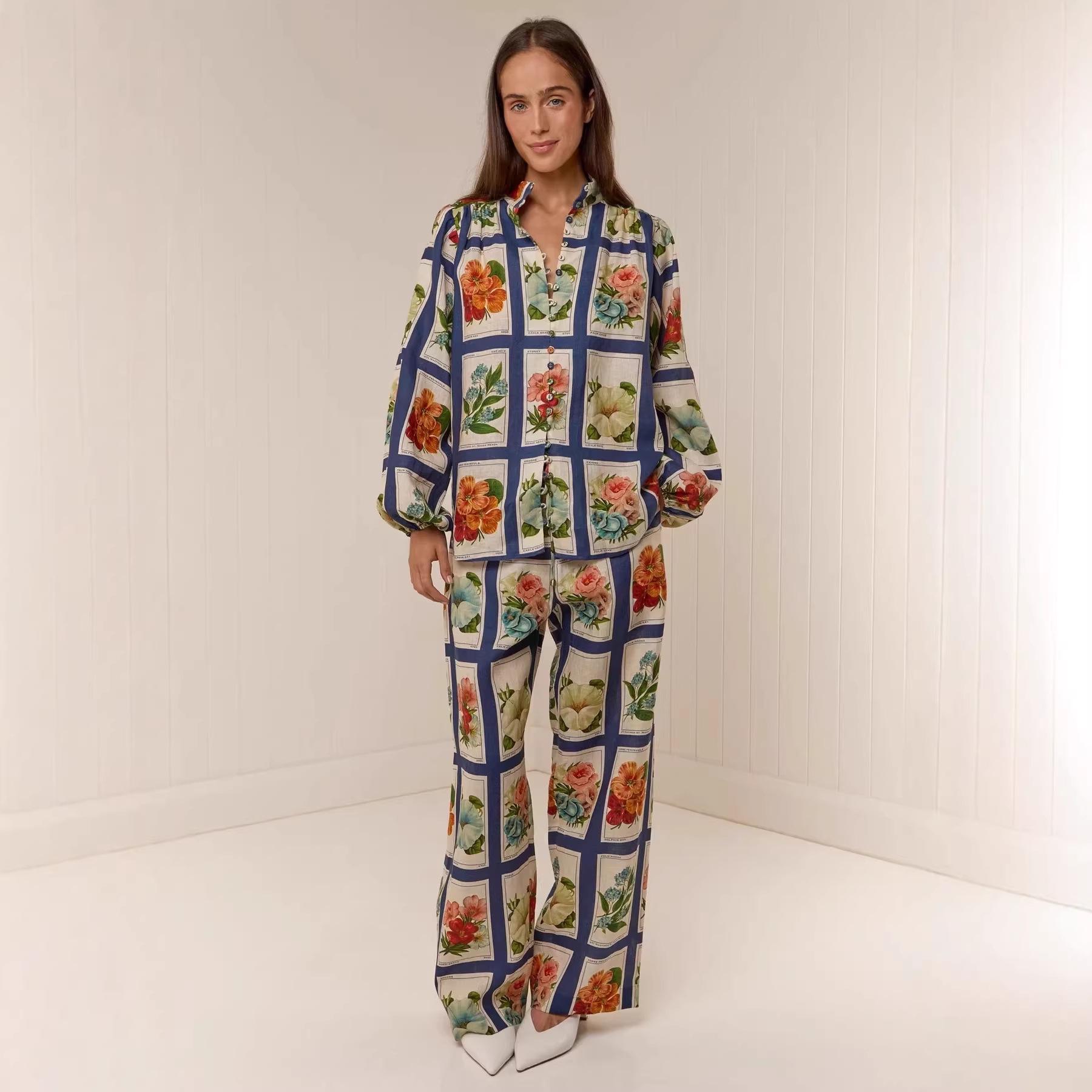 2025 Cross-Border Temperament Printed Linen Casual Suit with Long Pants XXL