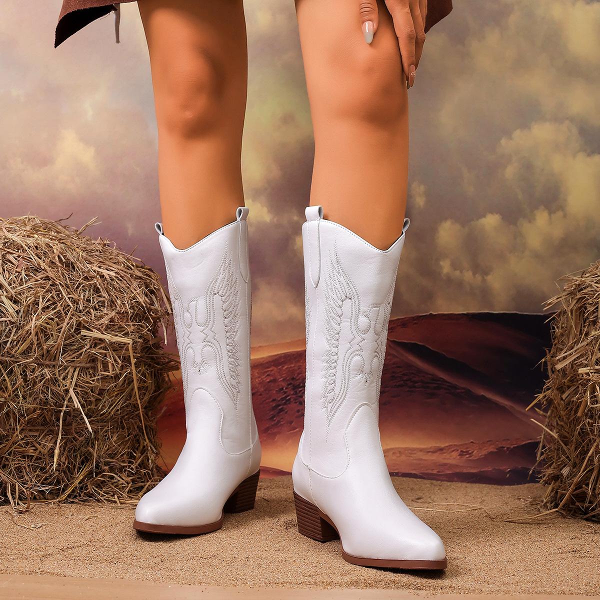 

Женские высокие сапоги большого размера, новые осенне-зимние, европейские и американские, ретро, вышитые рыцарские сапоги, сапоги на остром толстом каблуке 43 белый