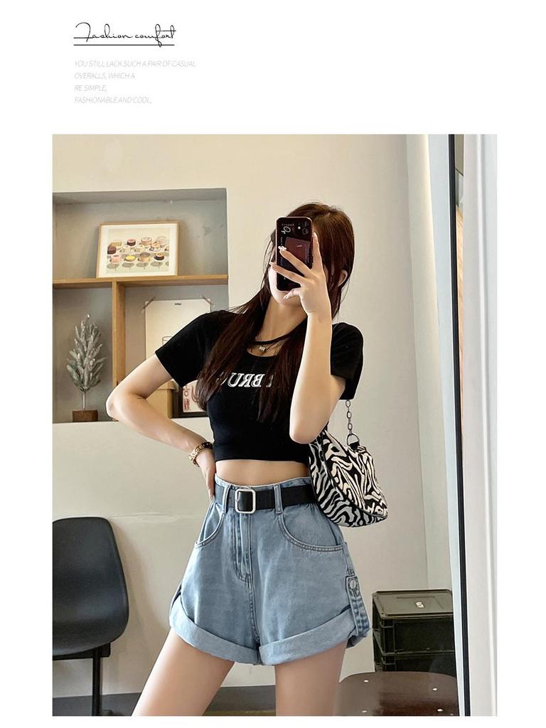 Summer 2024 Women's High-Waisted Retro Wide-Leg Denim Shorts with Rolled Hem