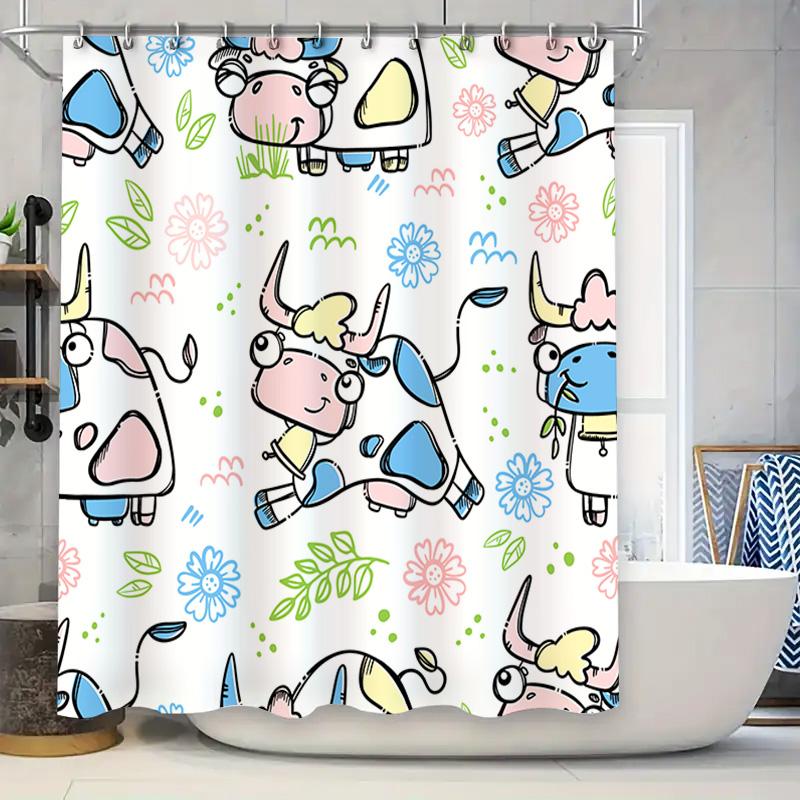 

Animal Pattern Shower Curtain Set Cute Cartoon Cow Print Bathroom Decor For Kids Rooms Pink Blue Green Yellow Flowers Colorful W W60H190(CM)-1 Pcs