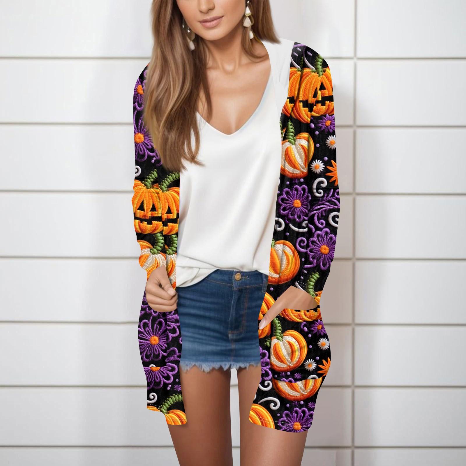 

Женская модная повседневная куртка-кардиган средней длины с длинным рукавом и принтом на Хэллоуин L