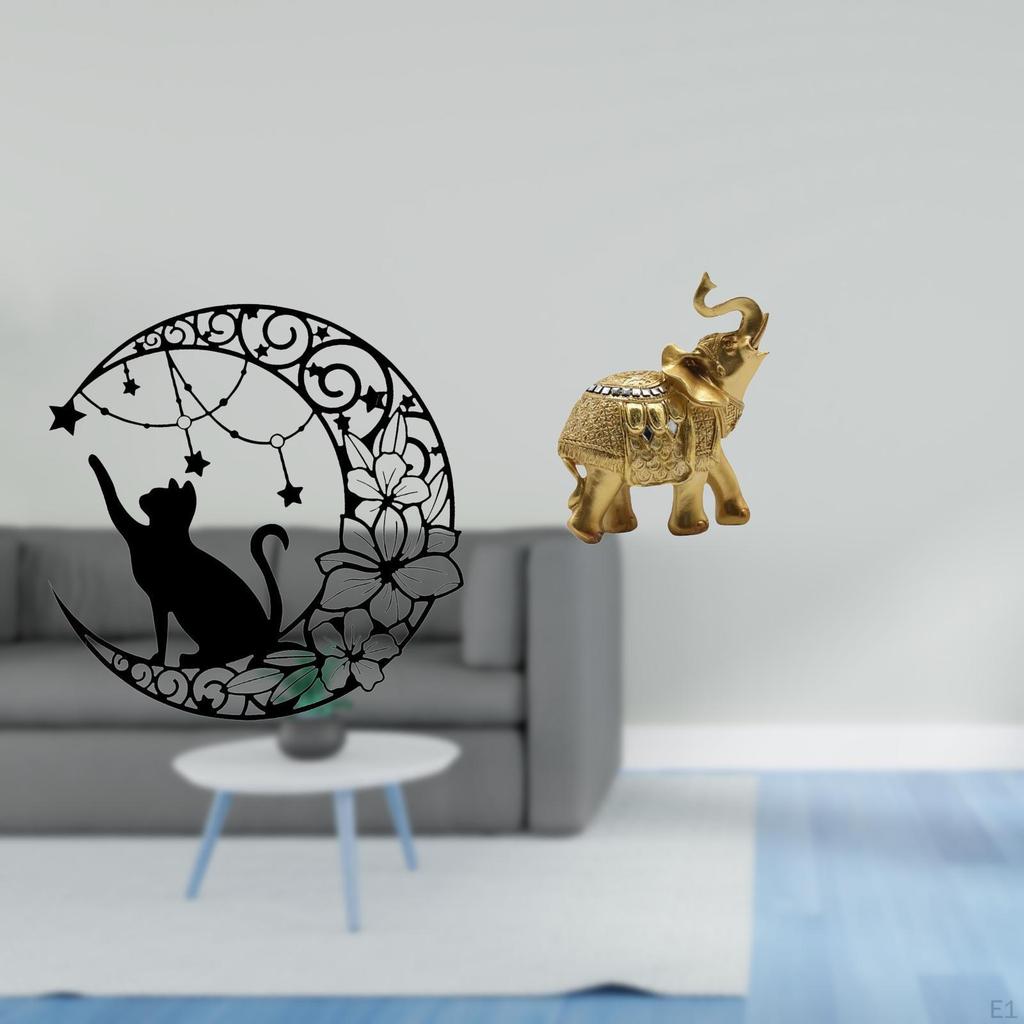 Mystical Cat And Elephant Metal Wall Art Sculpture Black Decor Resin Animal Figurine for Bedroom