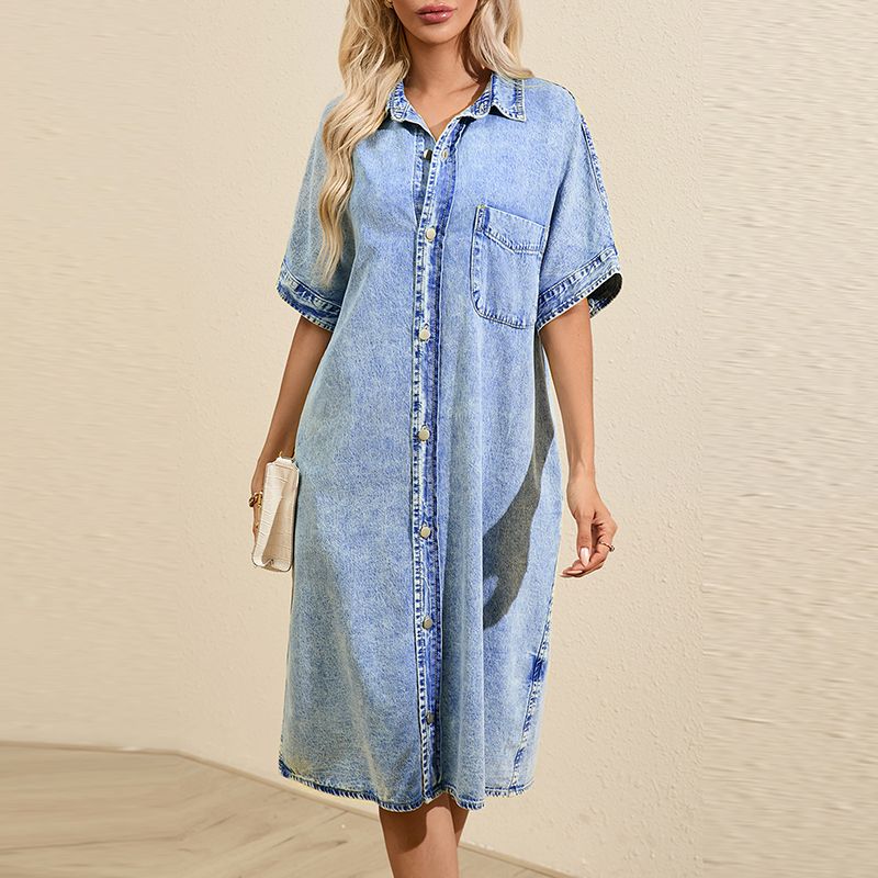 

Fashion Single Breasted Stand Collar Denim Half Sleeve Dress Female 2024 Summer New Arrival Loose Belly-Covering Short Sleeve Knee-Length Skirt Light blue P4 S code fits (45.00 kg-55.00 kg