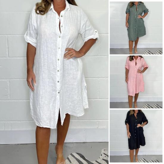 

Летнее платье-рубашка с лацканами, однобортное свободное свободное платье больших размеров, однотонный кардиган с половиной рукавом и запонками, повседневное повседневное платье миди 4XL светло-зеленый