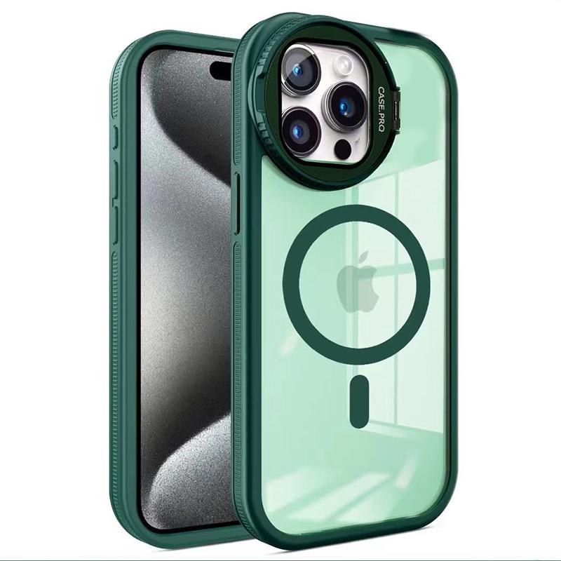 

For iPhone 14 Pro Max Case Glass Lens Cover Kickstand TPU+Acrylic Phone Cover Compatible with MagSafe Blackish Green