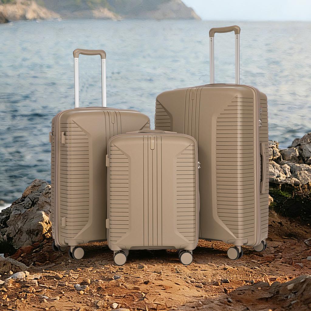 20"/24"/28" 3-Piece PP Spinner Suitcase Set - Sizes with Side Handles, Hanging Hooks & Protective Feet - Integrated Combination Lock (Champagne)