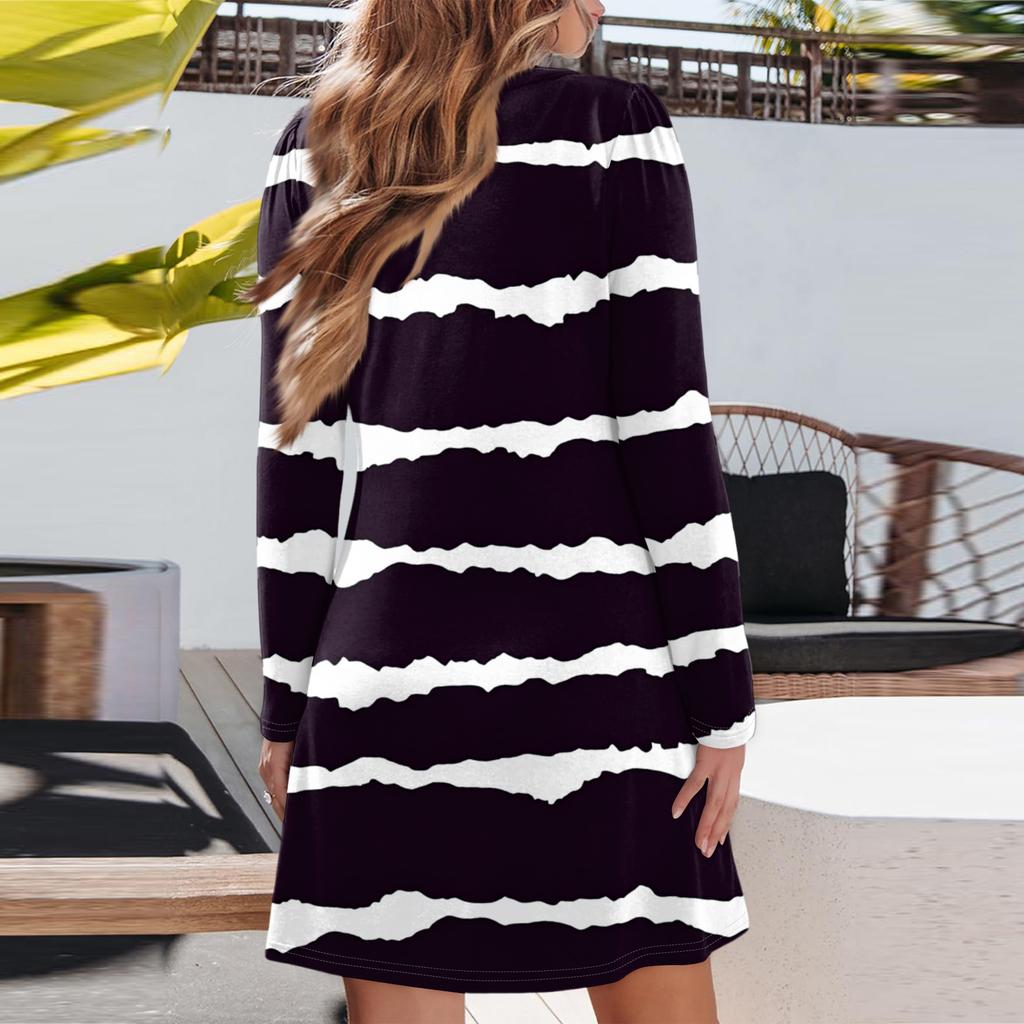 Women's Fashion Striped V-Neck Long Sleeve  Dress