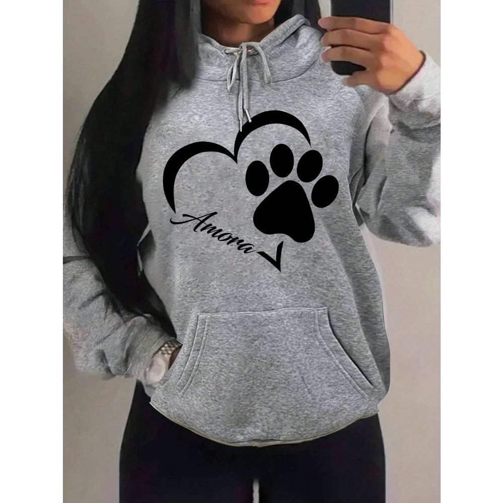 Love And Little Cat Foot Creative Print Women Hoody Fashion Autumn Sweatshirt Pocket Hoodie Sport Style Comfortable
