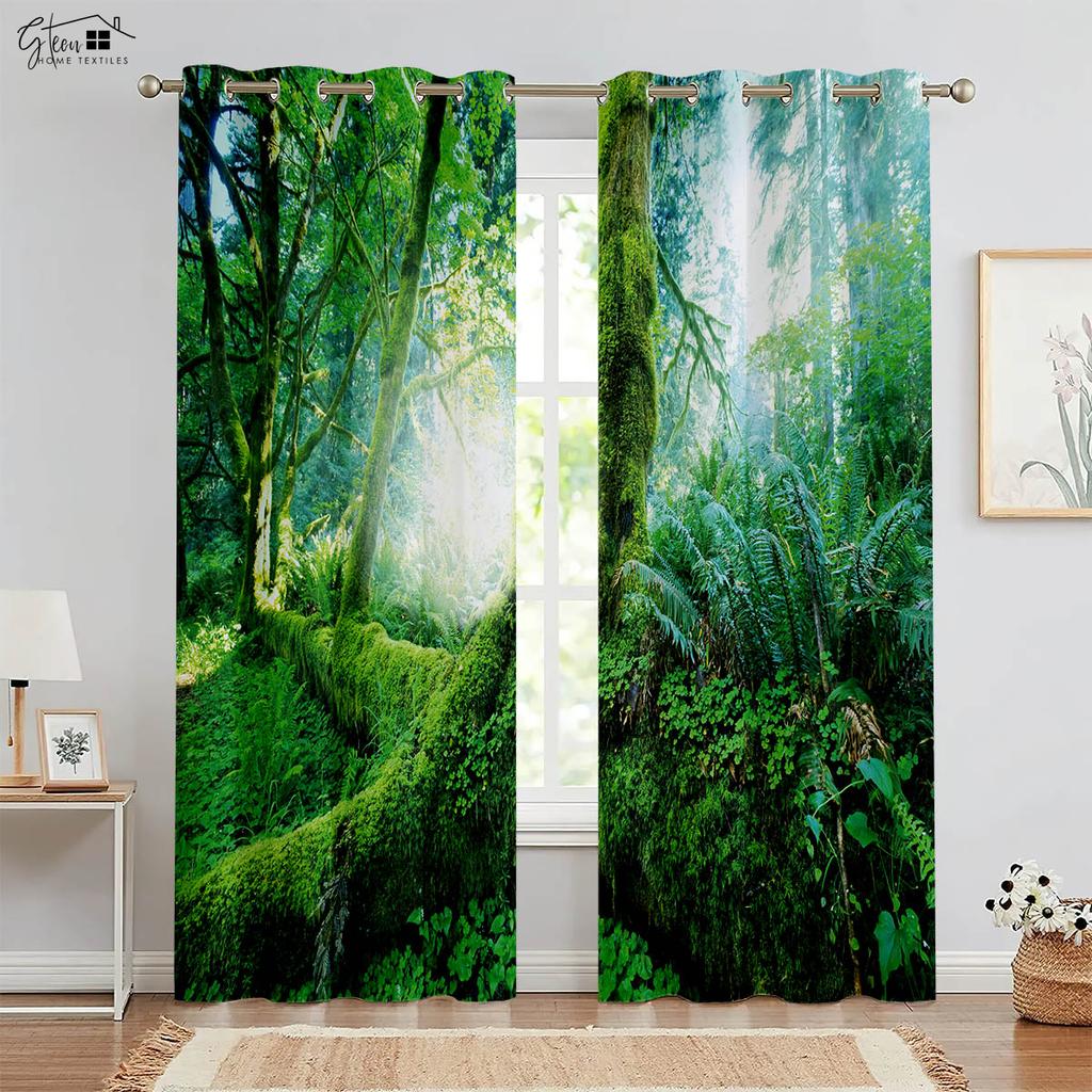 Nature Forest Scenery 3D Printing Curtains Green Pastoral Sunshine Natural Aerobic B&B Hotel Bedroom Living Room Curtains 2PCS