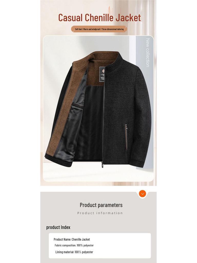 Chenille Stand-Collar Jacket for Men - Mid-Length, Loose Fit, Spring/Autumn Style for Middle-Aged and Elderly