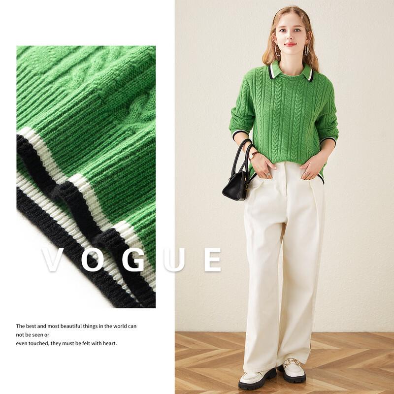 TUHUANG Women's Pure Wool Cable Knit Polo Sweater