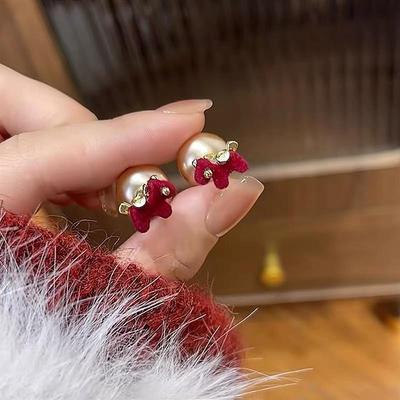 Elegant Red Horse Pearl Earrings – Autumn/Winter Two-Way Wear for Women 
