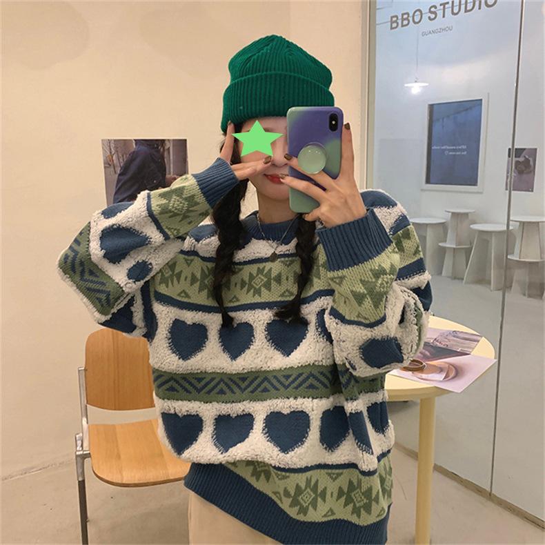 Women's Jacquard Love Sweater Autumn/Winter Knitted Sweater Loose Long Sleeve Coat Women's Top