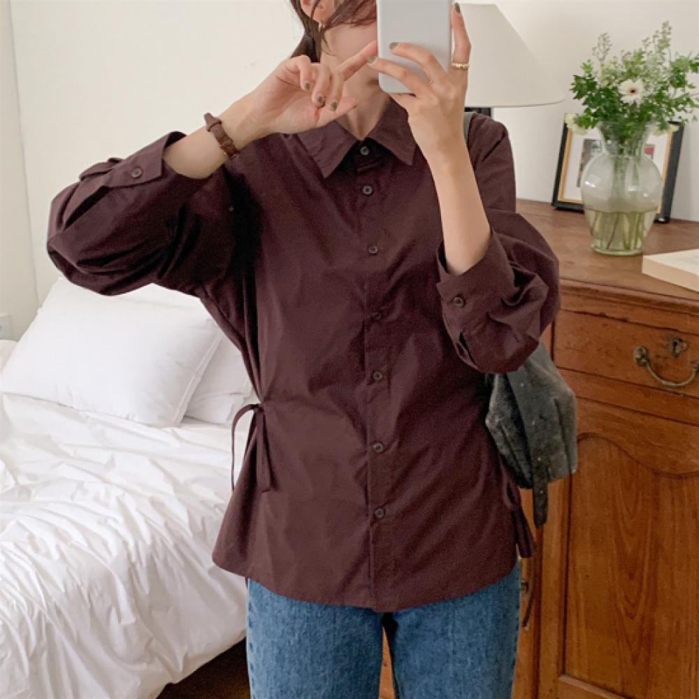 New Arrivals Open Run Women Ribbon Detail Cotton Collar Long Sleeve Shirt