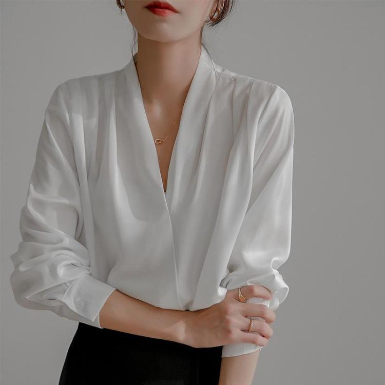 

Retro French Fashion Women Satin V Neck Blouse for Spring Autumn Top S белый