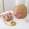 Sommer Baby Mädchen Strohhut und Umhängetasche 2er Set Eltern-Kind Breiter Rand Spitze Urlaubsstrand Sonnenhüte Outdoor Eimerhut