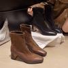 Französische Vintage Splicing Braune Elastische Skinny Stiefel Damen Kopf Reißverschluss hinten Hoher Absatz Kurze Stiefel Kleine Sockenstiefel