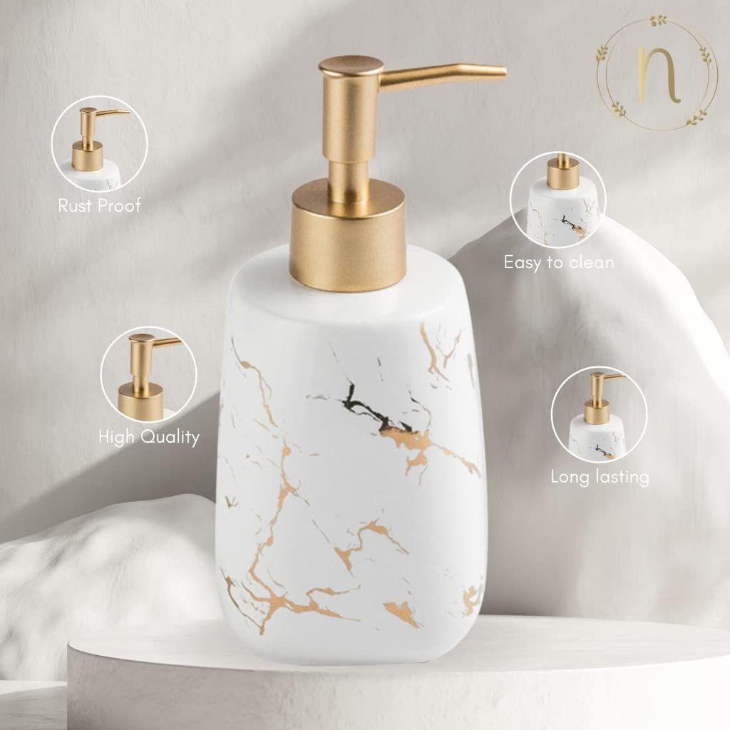 350ml Ceramic Liquid Soap Dispenser with Pump | Marble Finish Durable Handwash Dispenser for Bathroom & Kitchen