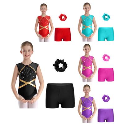 Tenue de gymnastique pour enfants filles, dos troué, patchwork, sans manches, strass scintillants, justaucorps avec ceinture en V sur le devant, short, élastique à cheveux, couvre-chef