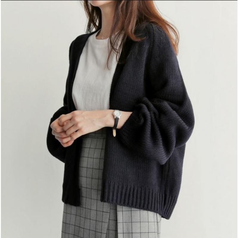 Autumn Winter Solid Color Loose Casual Cardigan Sweater Women V-neck Simple All-match Knitting Jacket Top