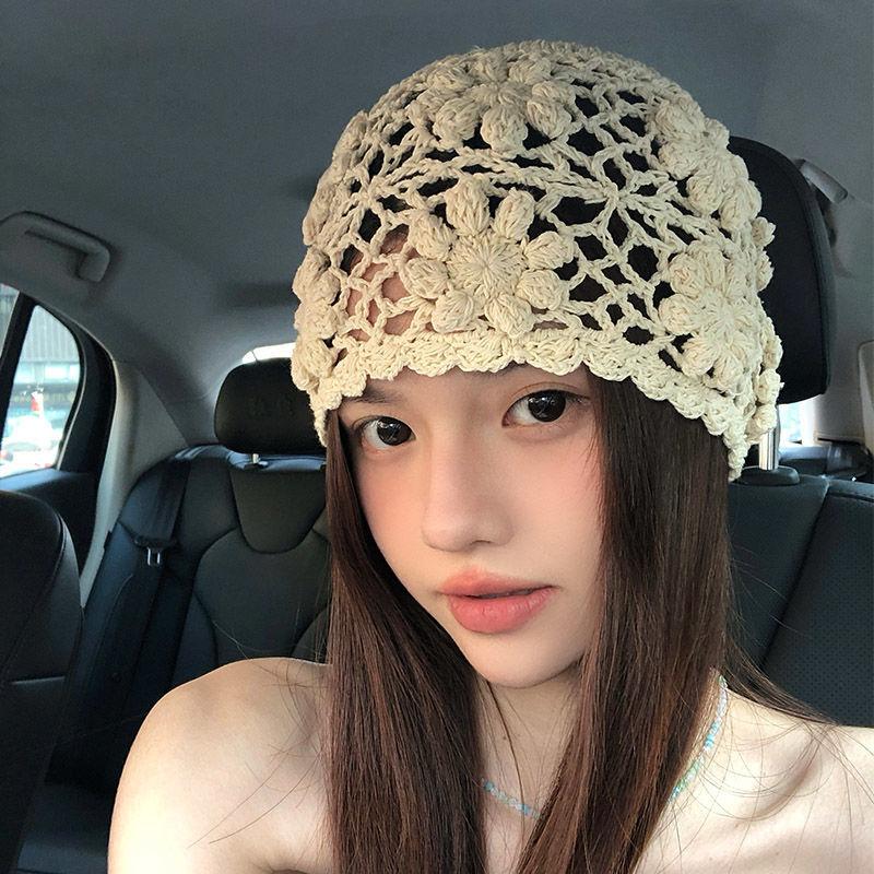 Женская вязаная вручную повязка на голову с полым цветком, шляпа, весенне-летняя тонкая нишевая атмосфера, ретро, универсальная, мешковатая шляпа One Size