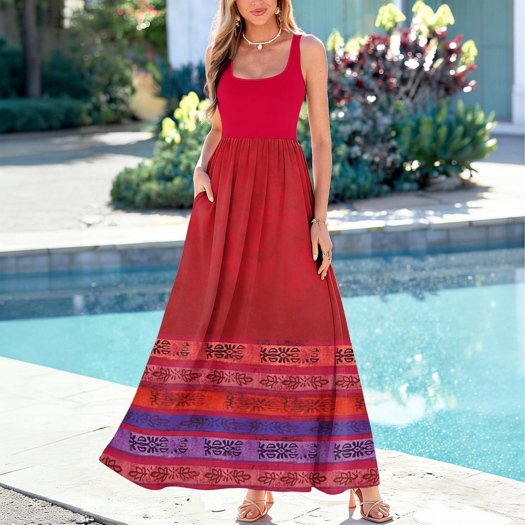 Ladies' floral print summer casual and fashionable sleeveless long dress