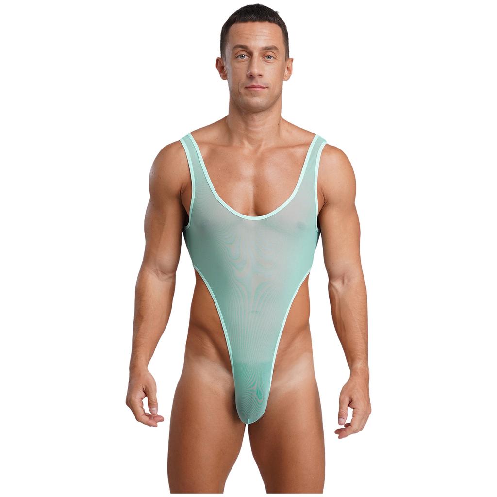 Herren Durchsichtiges Netz Ärmellos Offener Rücken Beutel Hoher Beinausschnitt Einteiler Bodysuit Jumpsuit