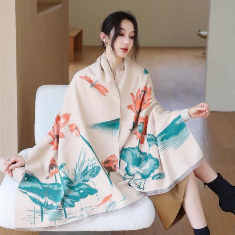 Imitation cashmere ink painting lotus scarf women's new warm simple autumn and winter double-sided thickened scarf