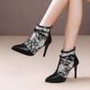 Foreign trade large size sandals women's 2025 European and American spring and summer hollow mesh high-heeled flowers fashionable sexy pointed col
