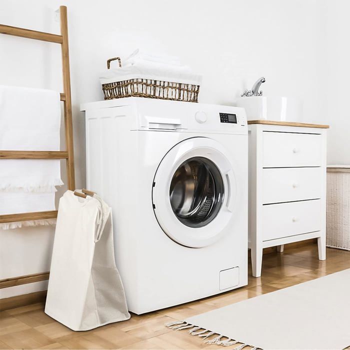 Panier à linge pliable 60 L avec poignée en bois – corbeille autoportante en tissu imperméable blanc