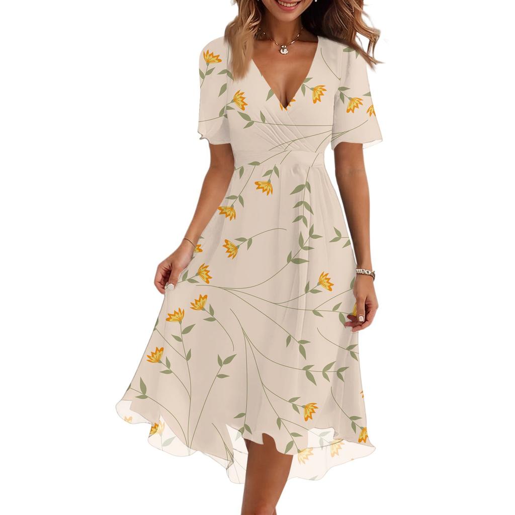 Women's Fashion Casual V-Neck Short Sleeve Floral Print Dress