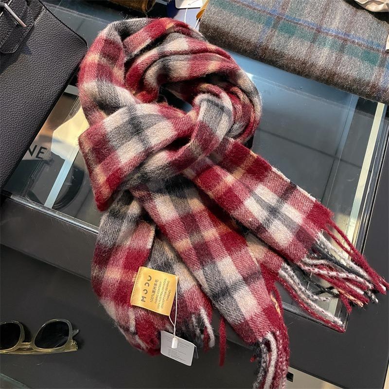 Burgundy small plaid pure wool scarf 100 warm retro scarf couple gift